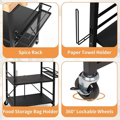 PLKOW Plus-Size Foldable 3-Tier Kitchen Cart with Solid Oak Top, Black | Solid oak top, fold-flat steel frame, 3-tier storage, side organizers, and lockable wheels for kitchens and patios.