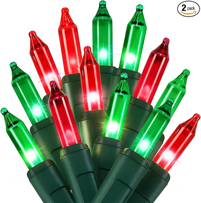 2Pack Red&Green Christmas String Lights, 100 Count Incandescent Mini Lights | Connectable Xmas Tree Light for Indoor Outdoor Garland Birthday Holiday Wedding Festival Party