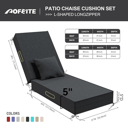 Outdoor Water-Resistant Olefin Chaise Lounge Cushions with Pillow, Weather and Fade Resistant Patio Furniture Lounge Chair Cushion Ideal for Patio, Lawn, Garden, Dark Gray, 72"L x 21"W x 5"T