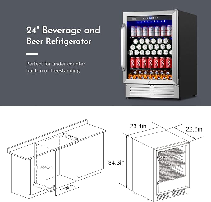 24 Inch Beverage Refrigerator Cooler,210 Cans Wide Beverage and Beer Fridge with Glass Door and Powerful Cooling Compressor, Built-in/Freestanding Drink Fridge for Kitchen, Bar or Office