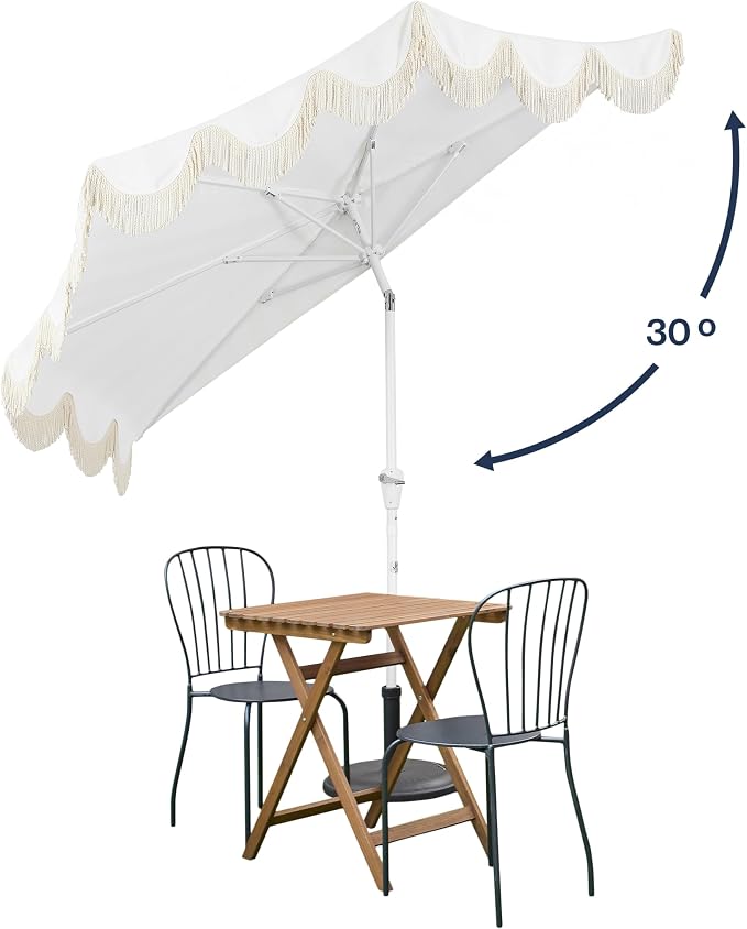 JONATHAN Y Beverly 9 ft. Striped Half Umbrella, Cream/White | Coastal Scalloped Fringe, Crank Lift, 30 Degree Manual Tilt, UV 50 Fabric Canopy, Aluminum Frame, Space Saving Design