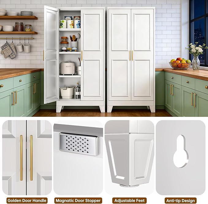 61.4" White Metal Pantry Storage Cabinet, Farmhouse Kitchen Cupboard with 3 Adjustable Shelves, Magnetic Closure, Anti-Tip Kit & Moisture-Proof Legs for Kitchen, Living Room, Assembly Required