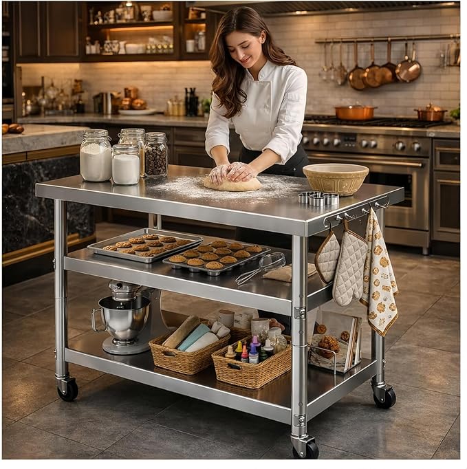 Stainless Steel Prep and Work Table with Wheels, Multi-Size Heavy-Duty Metal Commercial Kitchen Commercial Workbench,Suitable for Restaurants, Homes,Outdoor and Hotels (48" Lx32 Wx34 H)