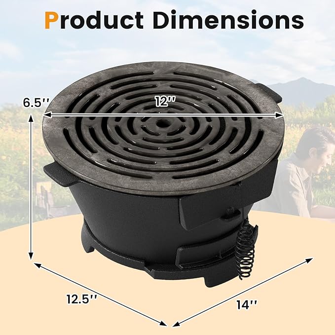 Hibachi Grill, Portable Cast Iron Charcoal Grill with Air Regulating Door & Fire Gate, Grate Lifter, Small Tabletop Japanese Yakitori Grill for Outdoor Camping, Picnic, Party (Round)