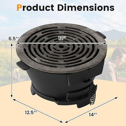 Hibachi Grill, Portable Cast Iron Charcoal Grill with Air Regulating Door & Fire Gate, Grate Lifter, Small Tabletop Japanese Yakitori Grill for Outdoor Camping, Picnic, Party (Round)