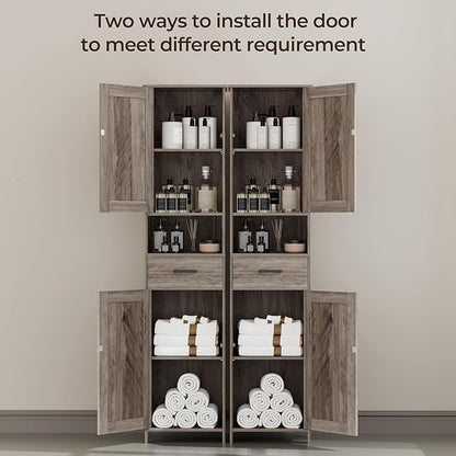 Homhedy 67" H Tall Bathroom Storage Cabinet with Barn Doors and Drawer | Narrow Storage Unit with Adjustable Shelves, Floor Cabinet for Bathroom, Living Room, Entryway or Kitchen, Greige, 15.7" W