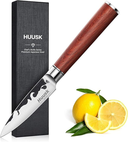 Huusk Japanese Paring Knife 3.5 Inch, High Carbon Steel Fruit Knife, Hand Forged Japanese Peeling Knives Small Kitchen Knives, Gift Idea for Men and Women