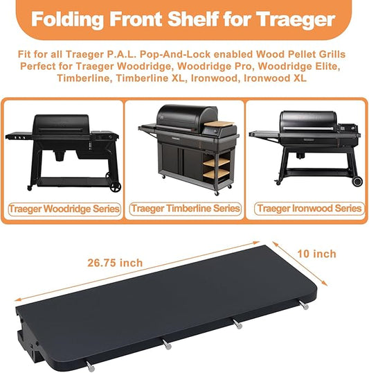 AJinTeby Front Shelf for Traeger Woodridge/Timberline/Ironwood Series, 26.75 x 10 inch P.A.L Shelf BAC762 for Traeger Pellet Grill, Detachable with 4 Hooks, Traeger Pop-and-Lock Accessory