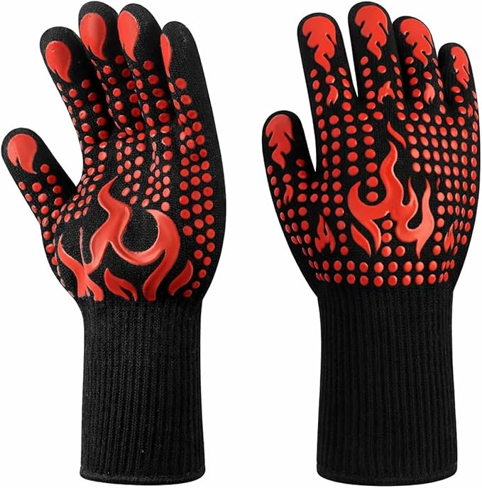 Heat Resistant BBQ Gloves, 1472°F Grilling Gloves with Silicone Non-Slip Grip, Long Cuff Oven Gloves for Barbecue, Cooking, Baking, Smoker, Fryer and Kitchen Use, 1 Pair (Red)