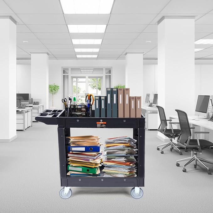 VEVOR Utility Service Cart, 2 Shelf 550LBS Heavy Duty Plastic Rolling Utility Cart, Medium Lipped Shelf, 360° Swivel Wheels, Ergonomic Storage Handle for Warehouse Garage, Black | Heavy Duty Rolling Cart with 360° Swivel Wheels, Medium Lipped Shelf, Er...
