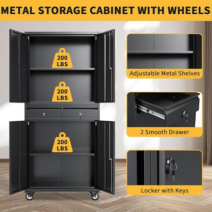 PioneerWorks 73" Metal Storage Cabinet w/Locking Doors | Adjustable Shelves + 2 Drawers | Robust Utility Storage for Garage Organization-Dark Black with Legs