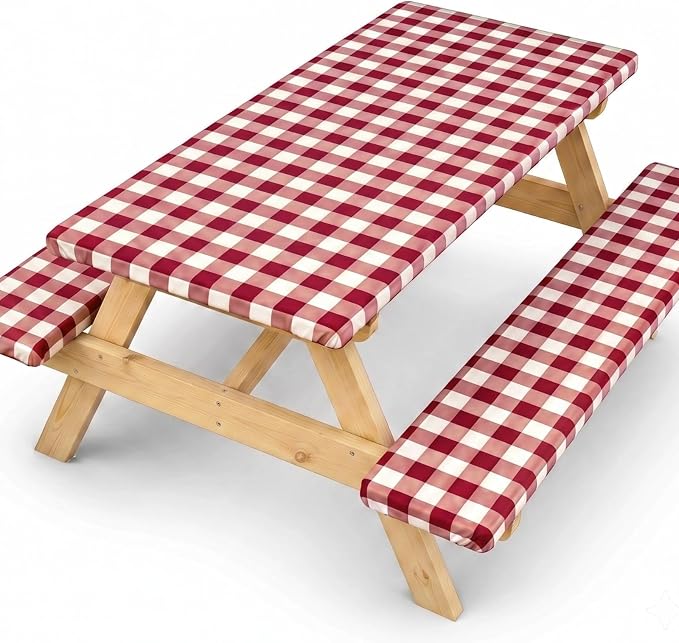 SquarePie Picnic Table Cover with Bench Covers - Waterproof Fitted Elastic Tablecloth for 6 FT Tables - Washable Polyester Camping Table Cloth for Patio RV BBQ (Burgundy Red Checkered,30"x72")