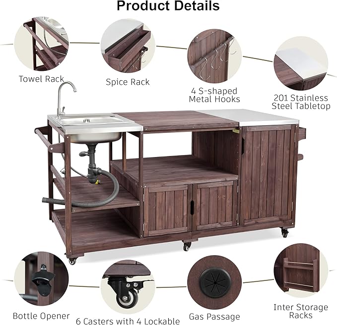 75.4" Outdoor Kitchen Island with Sink, Solid Wood Grill Cart for XL Big Green Egg, Rolling Outdoor Bar Cart with Stainless Steel Top, Adjustable Shelves, 6 Wheels for BBQ Pizza Prep