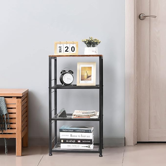 Kitchen Baker's Rack Microwave Cart 4-Tier Island Serving Bar Cart on Wheel Industrial Wood End Side Table Storage Trolley Rack for Bedside Bathroom and Office