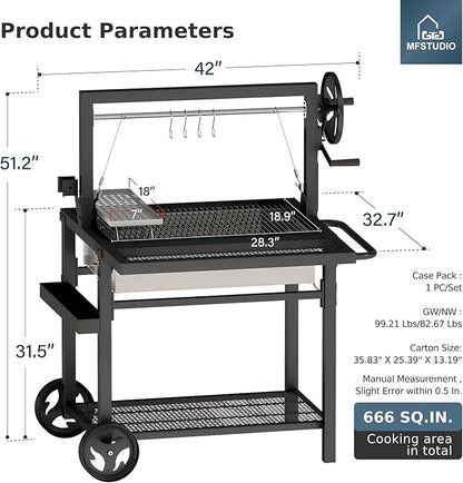 MFSTUDIO Santa Maria Grill, Charcoal & Wood BBQ Grill with Adjustable Height & Dual Porcelain-Enameled Charcoal Trays, Large Outdoor Open Fire Grill for Backyard, 666 SQ.IN. Cooking Area