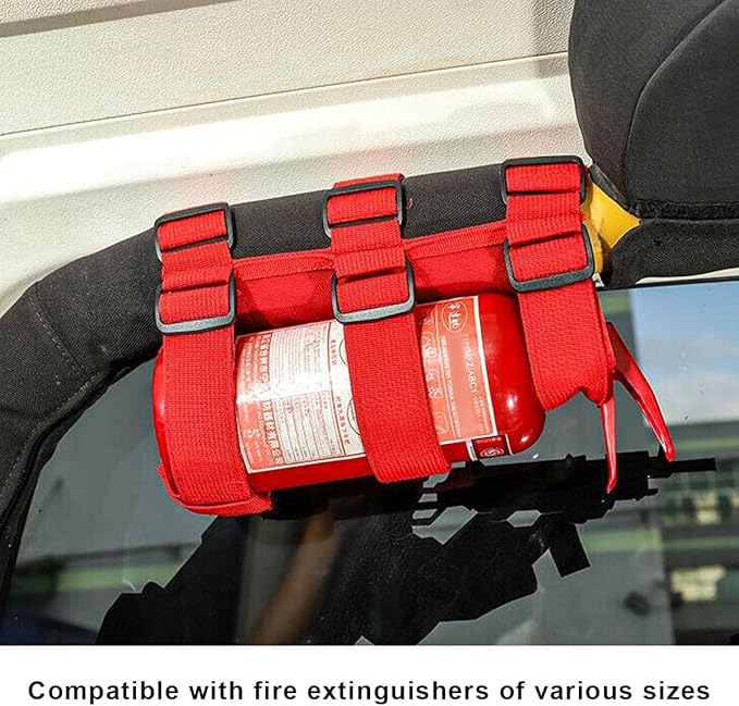 Ohleats Roll Bar Fire Extinguisher Holder, Adjustable Fire Extinguisher Mount Strap with American Flag Pattern, Car Accessories Fixed Belt for Wrangler JK JKU TJ CJ (No Pattern, Red, 2 PCS)