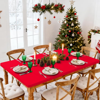 Smiry Rectangle Tablecloth, Elastic Fitted Flannel Backed Vinyl Tablecloths for 8ft Folding Tables, Waterproof Wipeable Table Covers for Indoor, Outdoor, Picnic and Camping (Red, 30"x96")