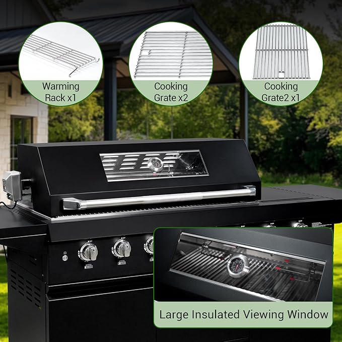 SINDA 6 Burners Gas Grill with Foldable Side Shelf, BBQ Outdoor Grill with 99000 BTUs Output, 3 Drawers for Backyard Barbecue Cooking & Barbecue Grilling，Black