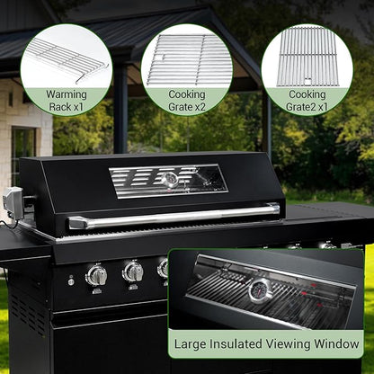 SINDA 6 Burners Gas Grill with Foldable Side Shelf, BBQ Outdoor Grill with 99000 BTUs Output, 3 Drawers for Backyard Barbecue Cooking & Barbecue Grilling，Black