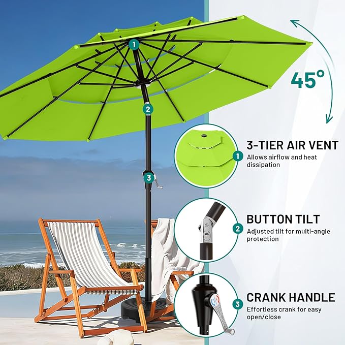 AreShark 9ft 3-Tier Patio Umbrellas, Outdoor Umbrella with 8 Sturdy Ribs UV Protection Windproof, Market Table Umbrella w/Push Button Tilt & Crank for Pool, Porch, Deck, Garden(Apple Green)