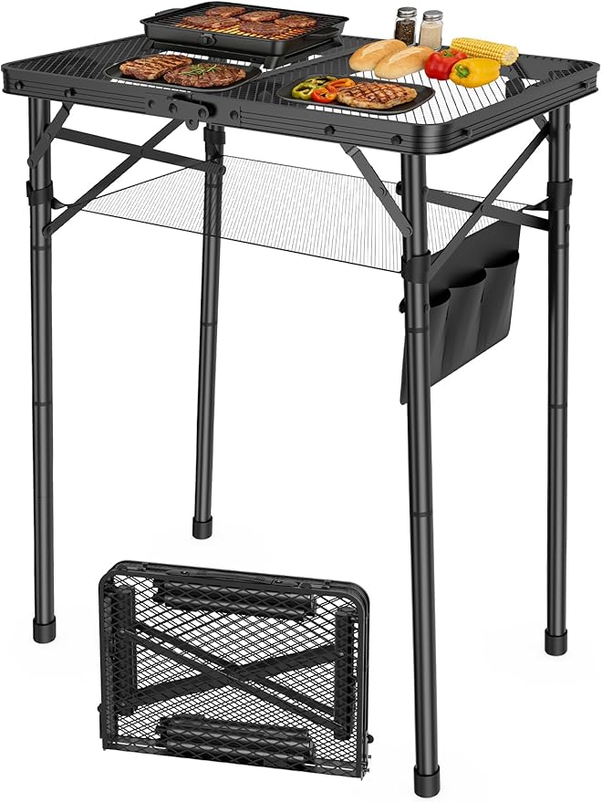 WildFinder Folding Camping Table, 3 Adjustable Height Max 27.5" Portable Grill Table with Mesh Bag, 2x1.3 FT Picnic Table for Outside, Camping, BBQ, Beach, Patio(Black)