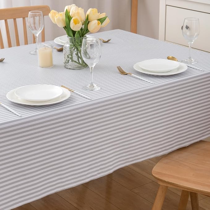 LIBERECOO 60" Square Vinyl Tablecloth with Flannel Backing, Grey Stripe Stain-Resistant Tablecloths Waterproof Oil-Proof Wipeable Table Cover for Indoor/Outdoor Picnic, BBQ