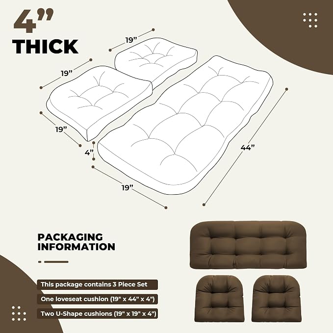 DANGHOOGY Wicker Chair Cushions, Waterproof Outdoor Loveseat Cushions for Patio Furniture, Tufted Wicker Furniture Cushions, 1 Loveseat and 2 U-Shaped Cushions, Brown