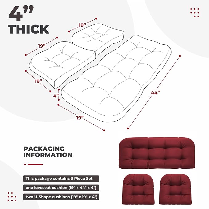 DANGHOOGY Wicker Chair Cushions, Waterproof Outdoor Loveseat Cushions for Patio Furniture, Tufted Wicker Furniture Cushions, 1 Loveseat and 2 U-Shaped Cushions, Red