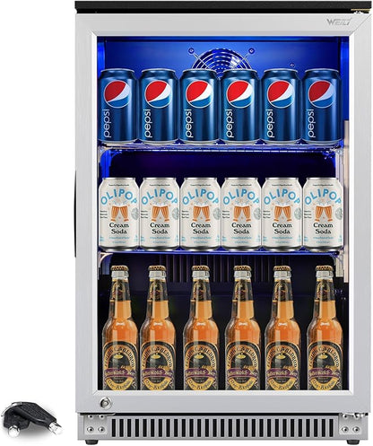 Weili 20 Inch Built in Beverage Refrigerator with Lock, Under Counter or Freestanding 120 Can Soda Beer Drink Cooler Fridge with Stainless Steel and Glass Door