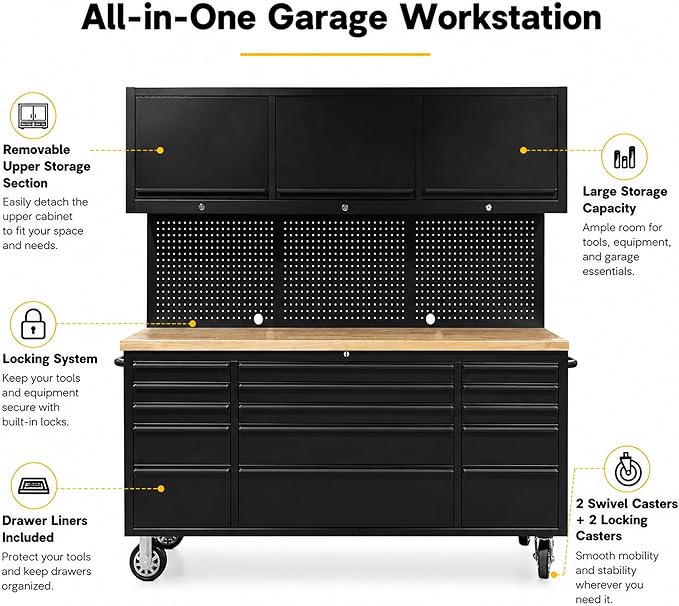 CHETTO C 72 inch Tool Chest Tool Box Mobile 15 Drawers Storage 3 Upper Cabinets SS-Pegboard Rolling Cabinet with Wheels Lock Key Locking System Drawer Liners for Garage Warehouse Repair Shop Black