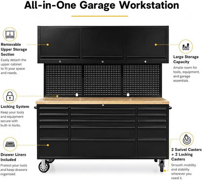 CHETTO C 72 inch Tool Chest Tool Box Mobile 15 Drawers Storage 3 Upper Cabinets SS-Pegboard Rolling Cabinet with Wheels Lock Key Locking System Drawer Liners for Garage Warehouse Repair Shop Black