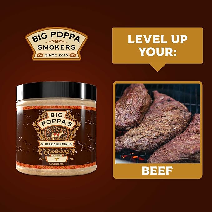 Big Poppa’s Cattle Prod Beef Injection – Competition-Tuned BBQ Brisket Injection for Juicy, Consistent Meat – Clean, Beef Marinade-Forward Blend for Ribs, and Steaks – Easy-Mixing Formula (19.7 Oz)