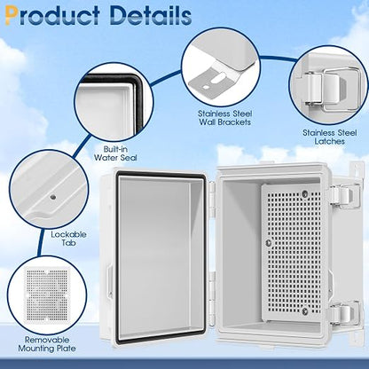 Waterproof Outdoor Project ABS Plastic Junction Box IP67 Weatherproof Dustproof Enclosure with Hinged Cover, Mounting Plate,Wall Brackets for Power Project (8.7"X6.7"X4.5")