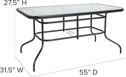 Flash Furniture Lila 7-Piece Glass Patio Table and Chairs Set, Outdoor Patio Dining Set with Rectangular Table and 6 Slat Back Patio Chairs, Black
