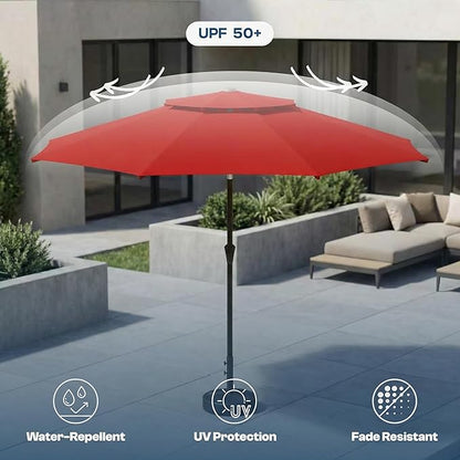 Patio Umbrella, 2 Tier Outdoor Table Umbrella, Large Vented Market Umbrellas with Push Button Tilt and Crank, 8 Sturdy Ribs for Backyard, Deck, Pool, UPF50+ UV Protection