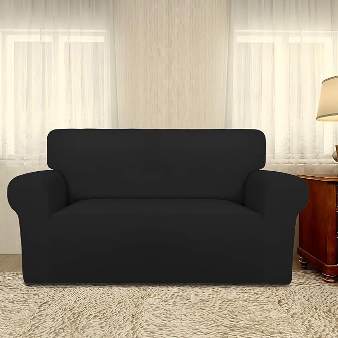 PureFit Stretch Loveseat Covers Fleece Couch Covers for Sofa Black | 1-Piece Sofa Slipcover Soft Couch Protector, Sofa Cover Washable with Non Skid Foam and Elastic Bottom for Kids, Dogs