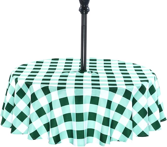Poise3EHome Round Outdoor Tablecloth with Umbrella Hole and Zipper,Green and White Gingham 60 Inch,SpillProof Washable Table Cloth for Spring Summer Patio Garden Poolside Picnic Camping BBQS