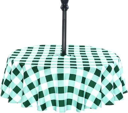 Poise3EHome Round Outdoor Tablecloth with Umbrella Hole and Zipper,Green and White Gingham 60 Inch,SpillProof Washable Table Cloth for Spring Summer Patio Garden Poolside Picnic Camping BBQS