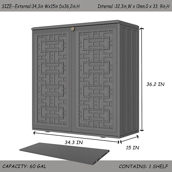 Mrosaa Storage Box Outdoor Caninet,Resin Indoor Storage Box Waterproof Outdoor Storage Cabinets for Patio/Garden/Backyard, Size 34.3''L*15''W*36.2''H(Grey)