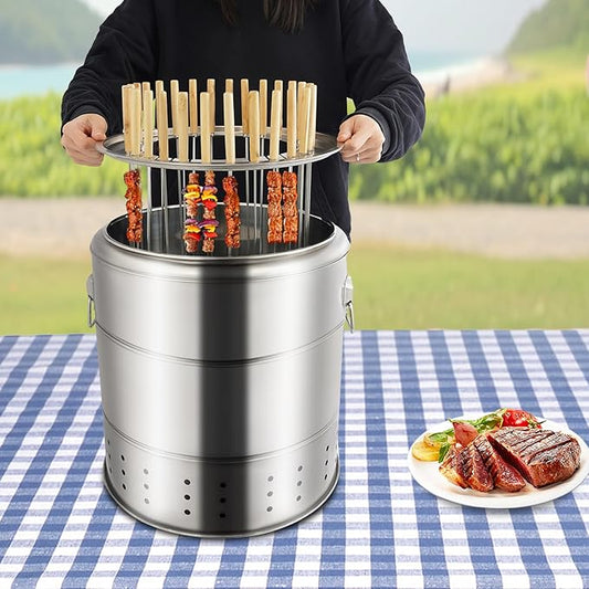 Smokeless Charcoal Hanging Grill with 28 Skewers, Portable Vertical Charcoal Smoker, Stainless Steel BBQ Grill Bucket for Camping, Picnics & Backyard Parties (28 Skewers)