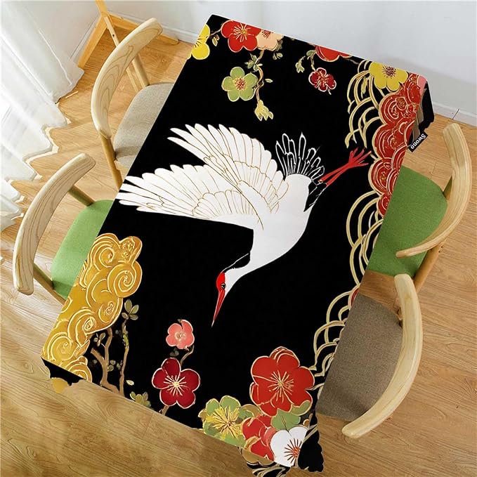 Swono Japanese Crane Tablecloths Asian Oriental Heron Bird Floral Branch Clouds Kitchen Dinning Tabletop Decoration, Polyester Table Cover for Indoor Outdoor 50x72 Inch Tablecloth