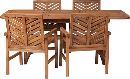Walker Edison 4-6 Person Outdoor Wood Chevron Back Patio Furniture Dining Set Extendable Table Chairs All Weather Backyard Conversation Garden Poolside Balcony, 5 Piece, Brown