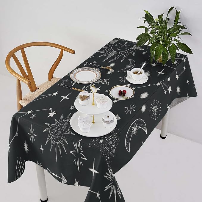 Sun Moon Tablecloth Boho Astrology Celestial Star Crescent Galaxy Space Table Cloth Water Resistant Wipeable Table Cover for Picnic Party Holiday Kitchen Dinner Table 60"x90"