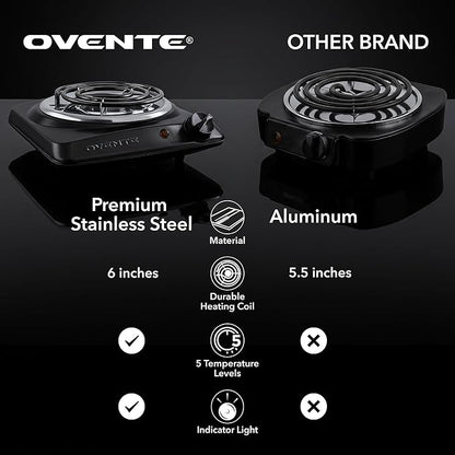 OVENTE Electric Countertop Single Burner, 1000W Cooktop with 6" Stainless Steel Coil Hot Plate, 5 Level Temperature Control, Indicator Light, Compact Cooking Stove and Easy to Clean, Black BGC101B
