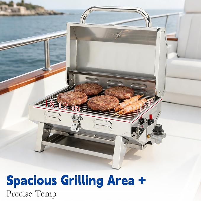 304 Stainless Steel Boat Grill, Portable Propane Marine Grill with Rod Holder Mount, Pontoon Boat BBQ Grill, 208 Sq.In Cooking Area