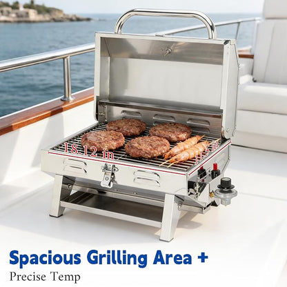 304 Stainless Steel Boat Grill, Portable Propane Marine Grill with Rod Holder Mount, Pontoon Boat BBQ Grill, 208 Sq.In Cooking Area
