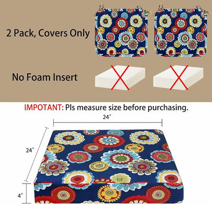 Magpie Fabrics Indoor Outdoor Cushion Cover Replacement 2 Pack, NO Insert! Water Repellent Slipcover with Ties Decor for Patio Garden Chair Sofa Bench Wicker(Floral Navy, 24x24x4 Inch)