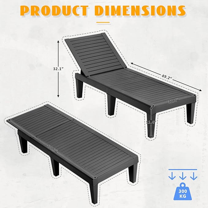 Outdoor Chaise Lounge Chairs Set of 4, 5-Position Adjustable Heavy Duty Tanning Loungers with Wood Texture, All-Weather Resin Patio Recliners for Pool, Garden, Deck, Beach, Black