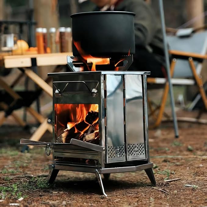 Portable Folding Stainless Steel Camping Wood Burning Stove and Charcoal BBQ Grill
