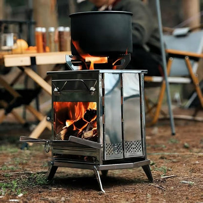 Portable Folding Stainless Steel Camping Wood Burning Stove and Charcoal BBQ Grill